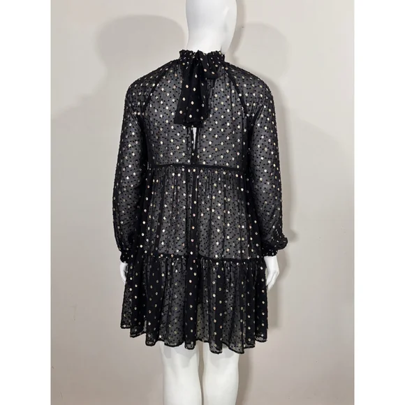 ON 34th Women's Large Black & Metallic Gold Dot Tiered Sheer Dress NWT - Picture 5 of 6